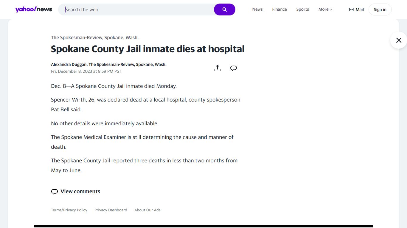 Spokane County Jail inmate dies at hospital - Yahoo News
